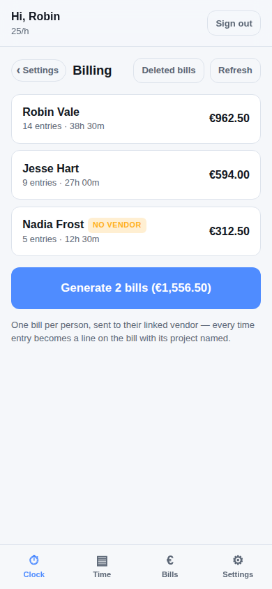 Unbilled time listed per person, ready to generate bills from.
