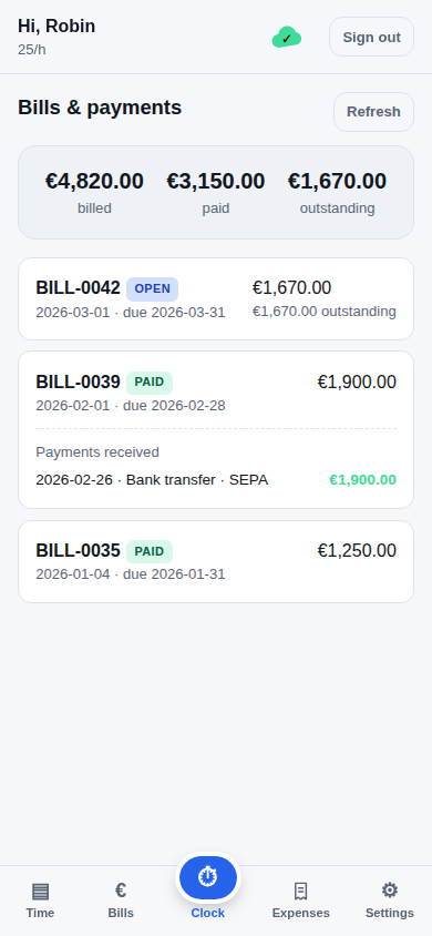 Bills raised for the work, with billed, paid and outstanding totals.