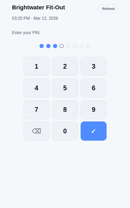 The kiosk keypad on a wall tablet, with three digits entered.