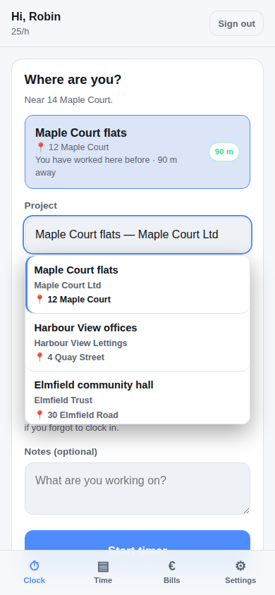 The project picker, listing projects with their street addresses.