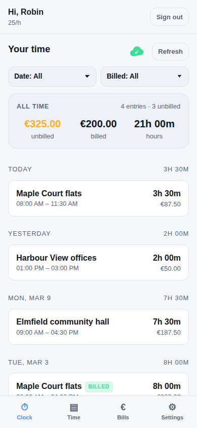 The time list, with unbilled and billed totals above it.
