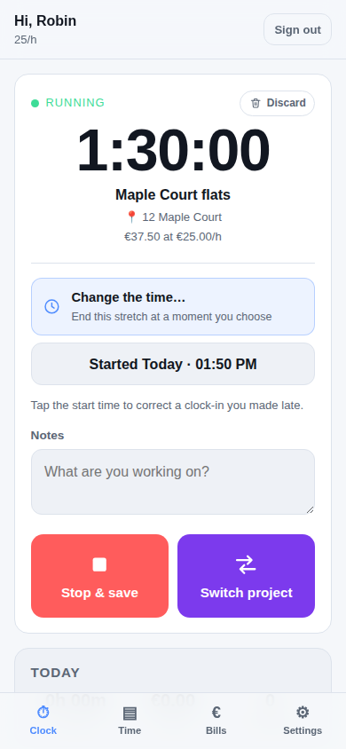 A running timer on a phone, showing the project, its address and the hours so far.