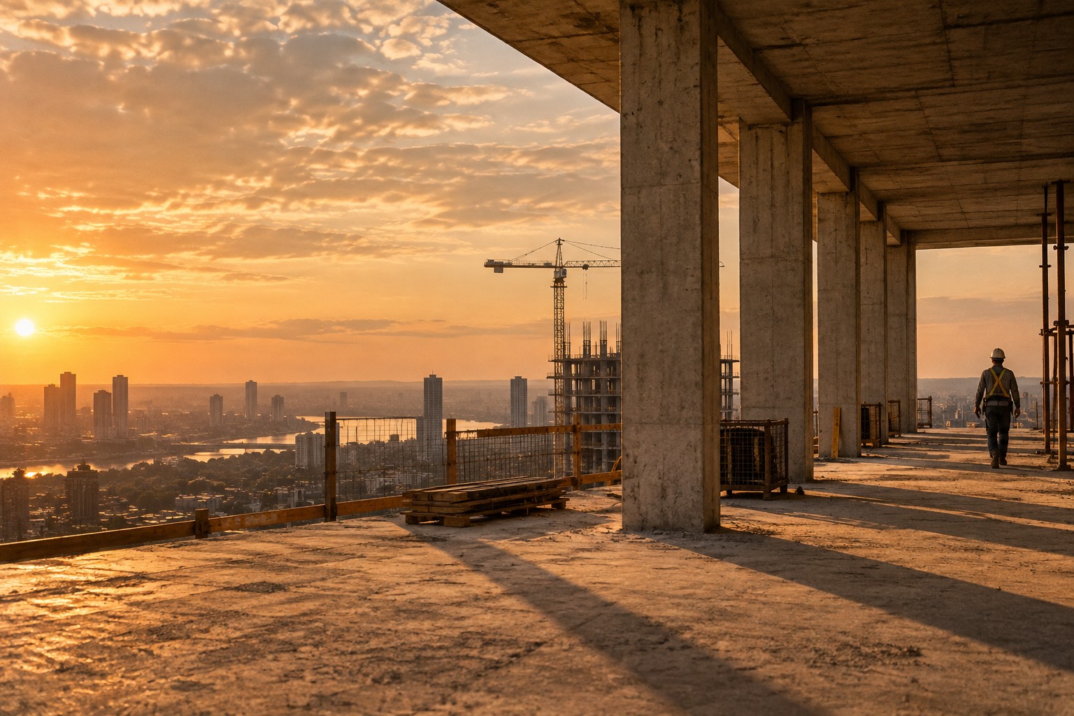 Warm evening light crosses a concrete building as a worker heads out at the end of the day.